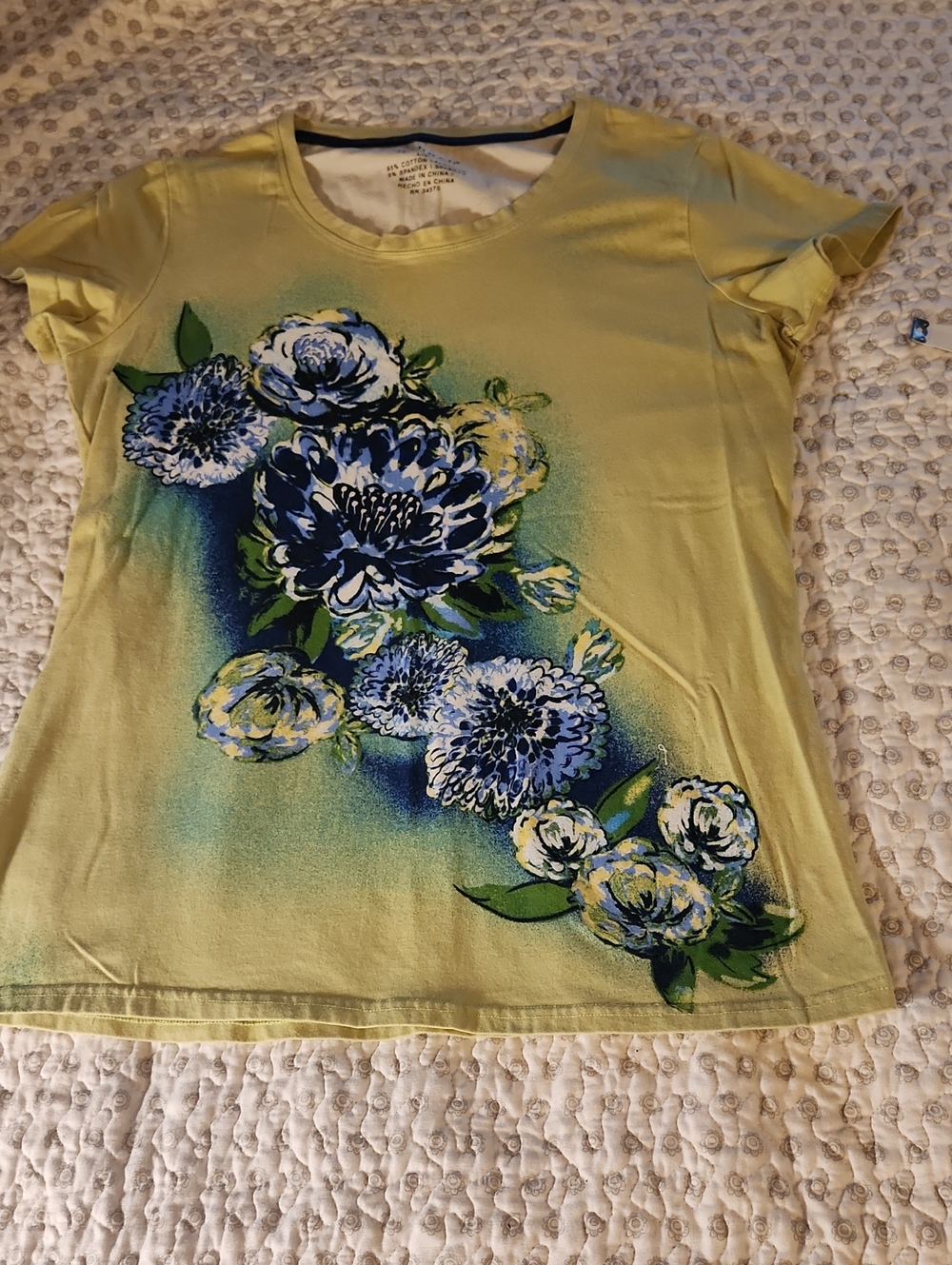 Hannah Lime Green Tee with Blue Floral Burst